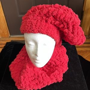 Hand knitted, red infinity, scarf, and hat set.